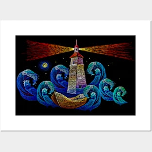 Artistic Lighthouse with Sea and Boat Posters and Art